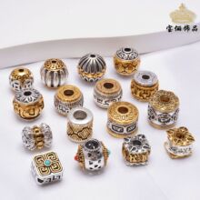 藏银六字真言可转动双色桶珠文玩配件佛珠 diy 复古手链串珠配饰