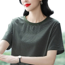 加肥加大码女装宽松纯棉短袖t恤女士夏季妈妈条纹圆领体恤上衣服
