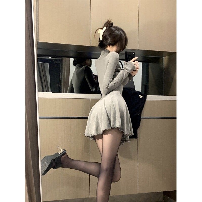 Pure Desire Hot Girl High Collar Versatile Long Sleeve Dress Women's Autumn and Winter New Waist Puff Skirt Slimming Bottoming Skirt Short Skirt