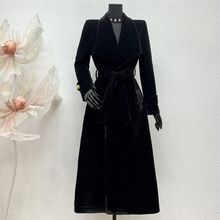 2025冬季加棉加厚方格丝绒超长款大方领风衣外套女A字摆黑色大衣