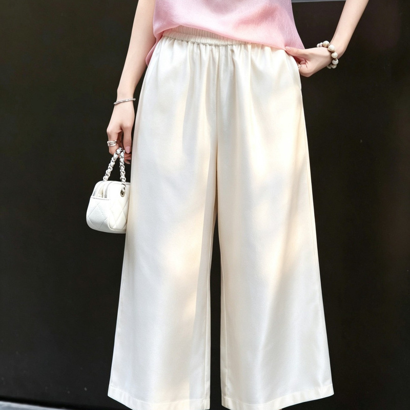 New arrivals for early autumn 2026: Solid color silk-wool textured wide-leg cropped pants, super versatile, casual, slimming, straight-leg trousers