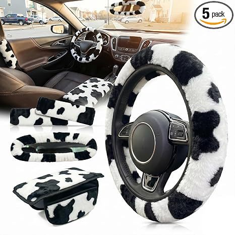 Cross-border plush steering wheel cover, seat belt cover, armrest box pad, car interior accessory set, winter warm and cute
