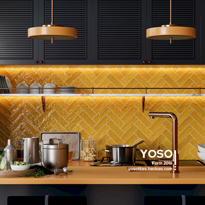 Designer-Specific Spanish-Style Mustard Yellow Handmade Glazed Long Strip Tiles for Bathroom, Kitchen, and Restroom