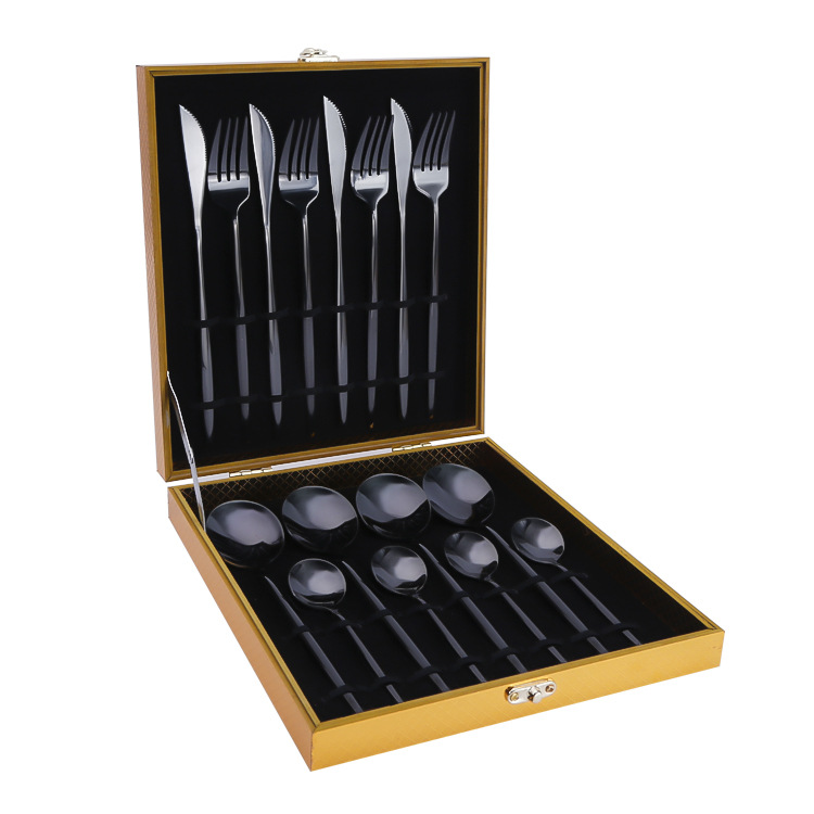 Productos calientes de Amazon vajilla de acero inoxidable conjunto de 16 piezas de Portugal cuatro piezas principales cuchillo, tenedor y cuchara caja de regalo transfronteriza traje