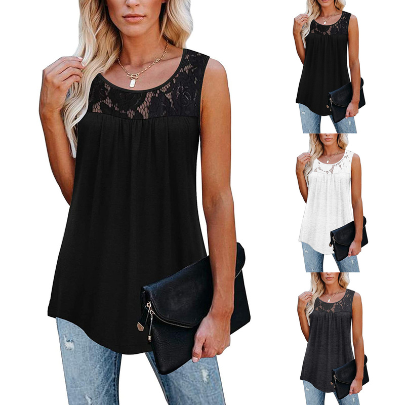 2021 European and American Cross-border New Women's Large Size Sleeveless Lace Pleated Shirt Summer Shirt Belted Top 2021 European and American Cross-border New Women's Large Size Sleeveless Lace Pleated Shirt Summer Shirt Belted Top