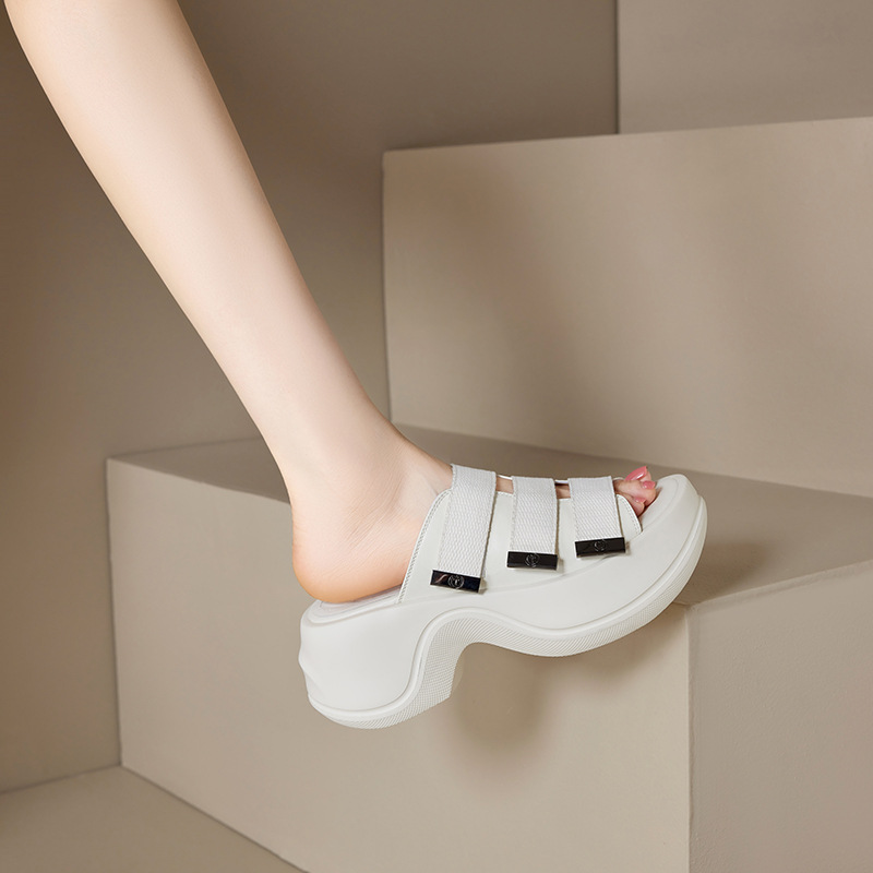 Dép sandal hở mũi nữ đế bệt 7cm tăng chiều cao quai ngang Velcro — đen, Màu trắng sữa