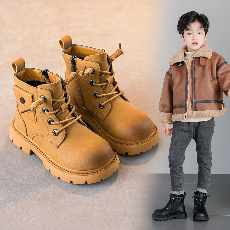 Children's Boots 2025 Spring and Autum New Cowhide Boots Winter Velvet Girls' Short Boots Non-Slip Boys' Boots