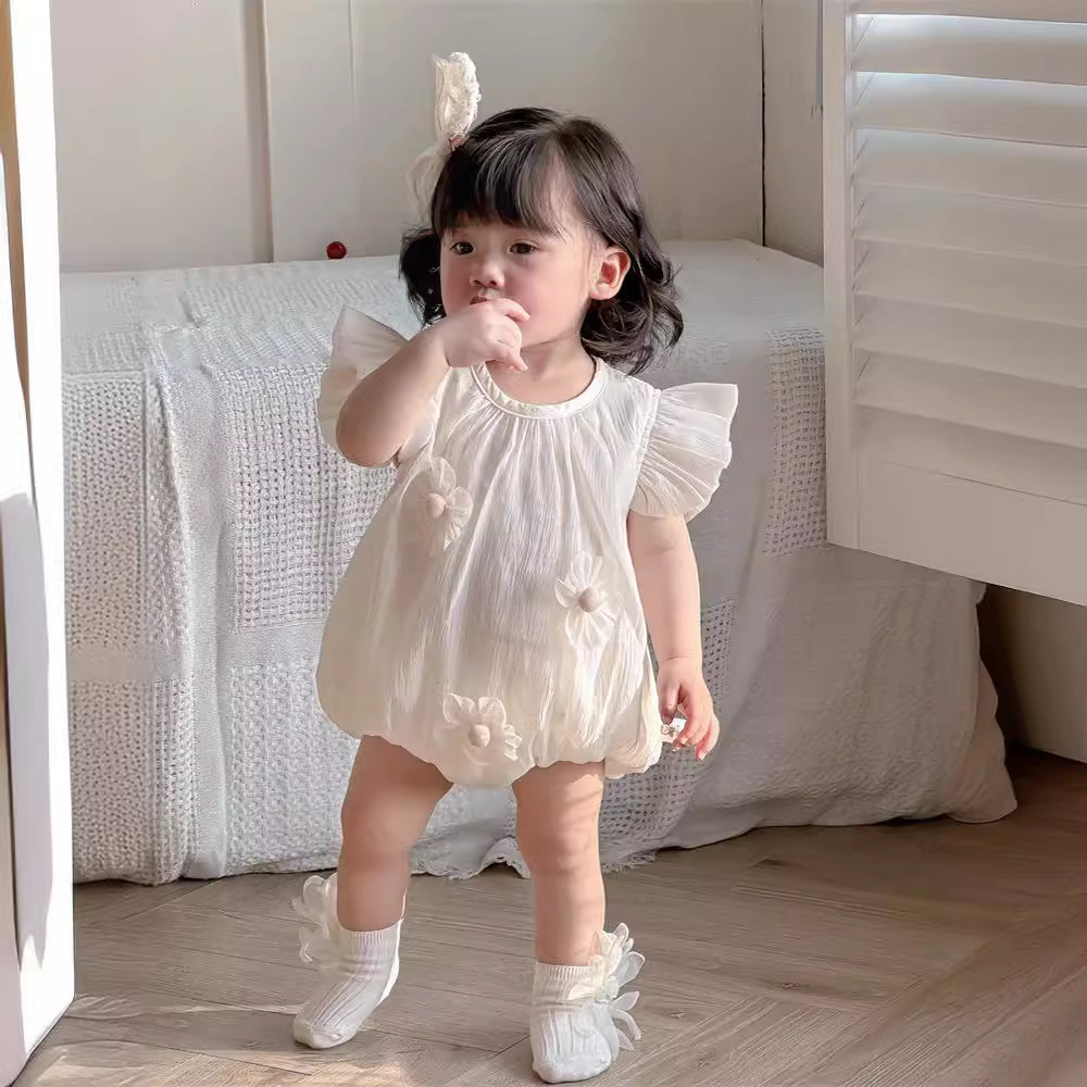 Corea ins bebé bebé niña ropa para niños encaje mangas voladoras verano sección delgada gasa dulce flor sección delgada mamelucos