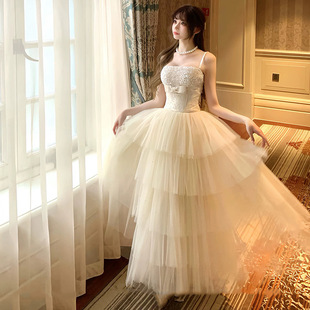Champagne Color Suspender Evening Dress, High-End New Adult Ceremony Graduation Ceremony French Elegant Dress Mesh Long Skirt