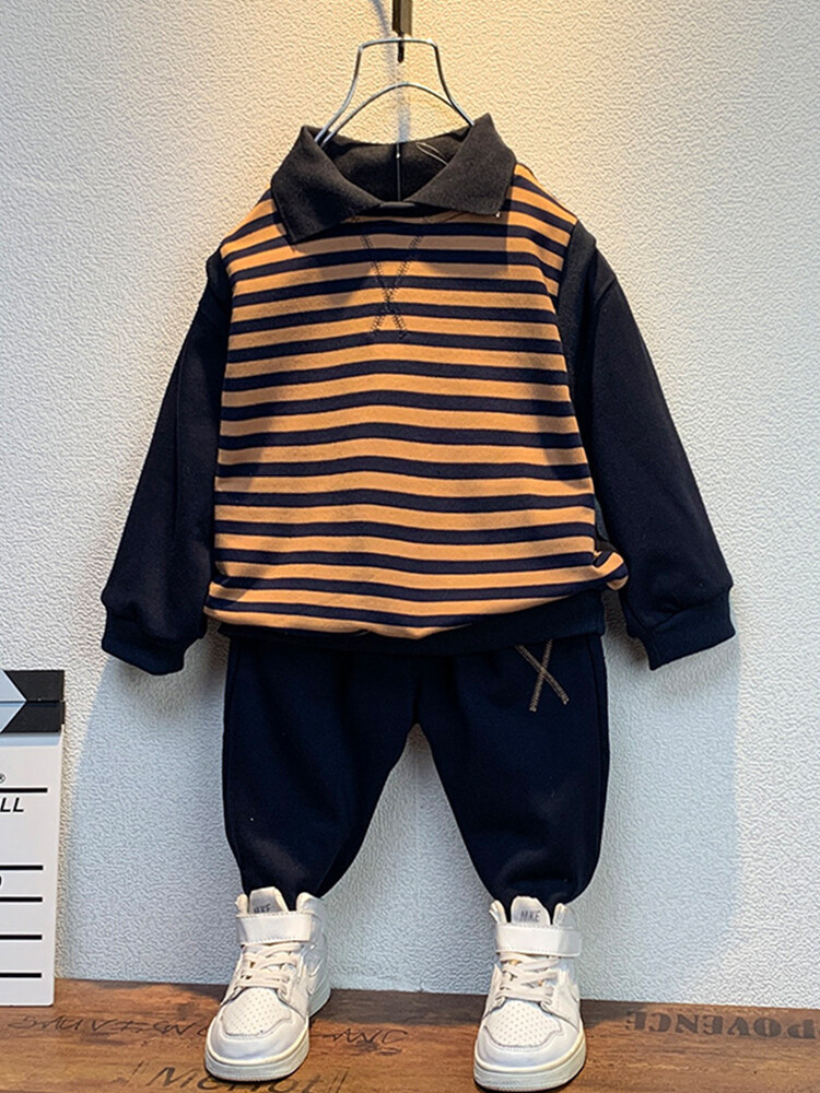 Chlapecký pruhovaný pletený set na jaro/podzim 2023, nový dětský stylový a ležérní dvoudílný set, ve westernovém stylu pro miminka_voghion.com