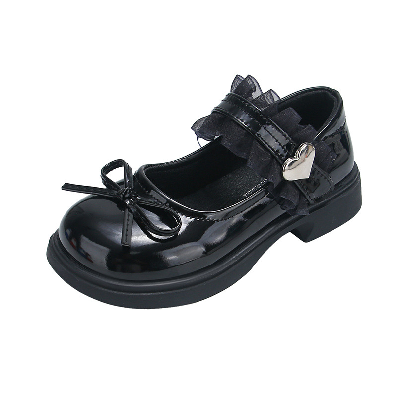 Zapatos de cuero de niñas dulces zapatos de arco princesa 2025 nuevos zapatos negros para niños zapatos de solos británicos