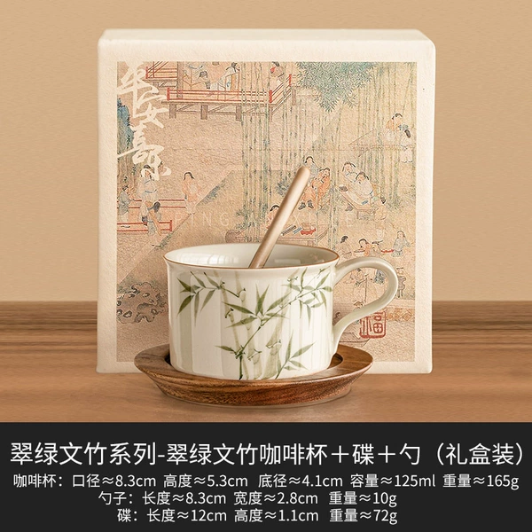 Pure hand-painted emerald green asparagus_coffee cup + walnut plate + cat spoon [gift box]