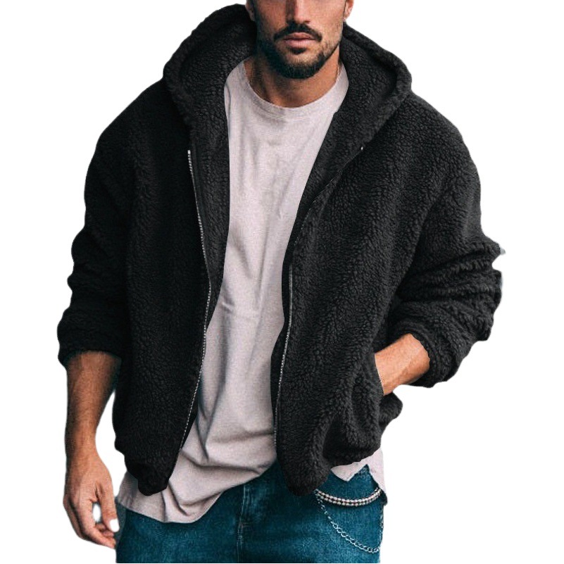 2023 chaqueta transfronteriza de otoño e invierno para hombres nueva chaqueta europea y americana de doble cara de terciopelo ártico con capucha de color sólido con cremallera casual para hombres