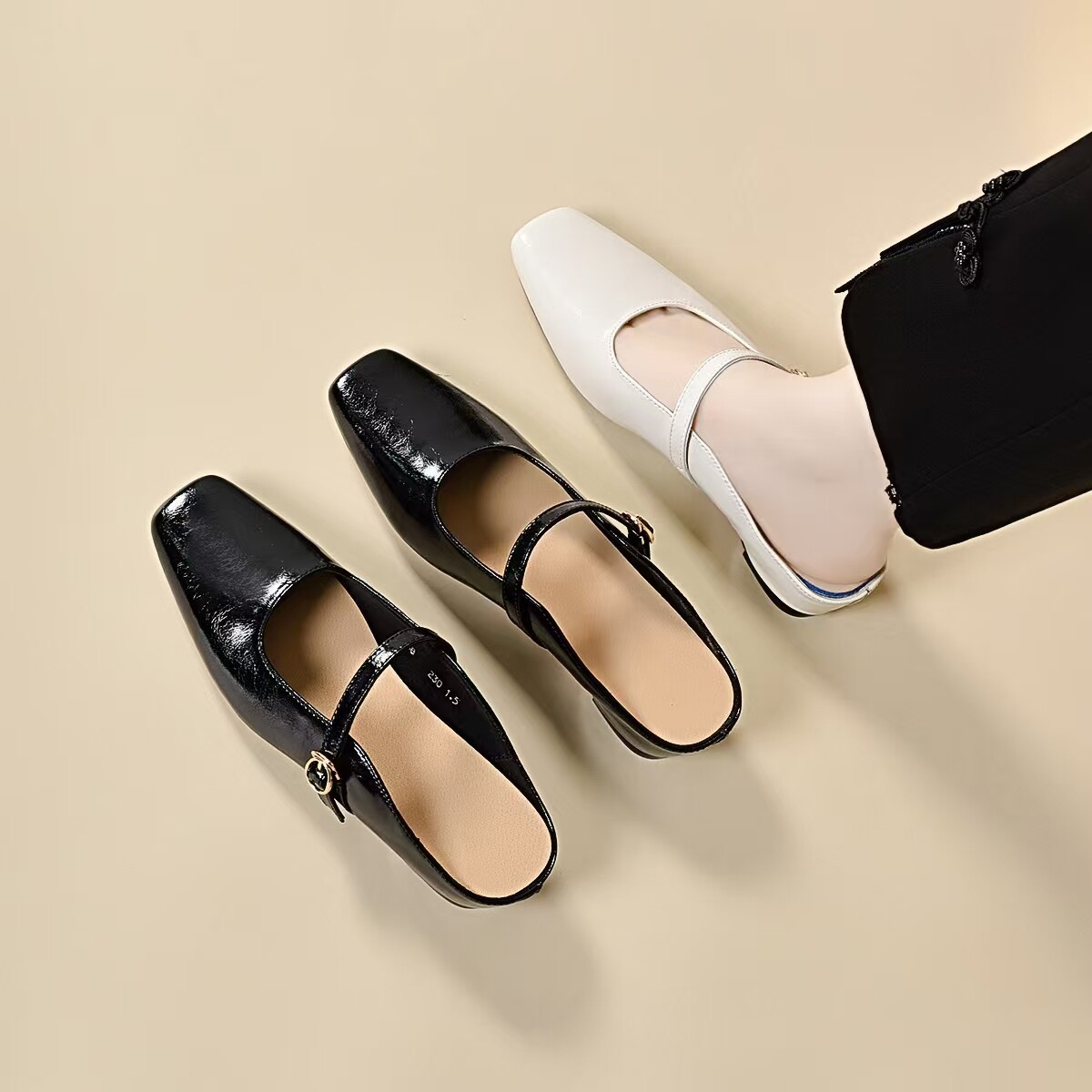 Sandal nữ da thật mũi vuông gót thô đế mềm chống trượt — màu đen