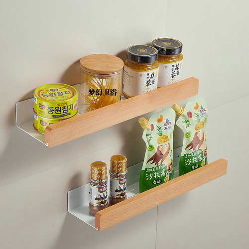 Kitchen log seasoning rack household punch-free wall-mounted seasoning bottle solid wood storage rack storage rack kitchen utensils bathroom