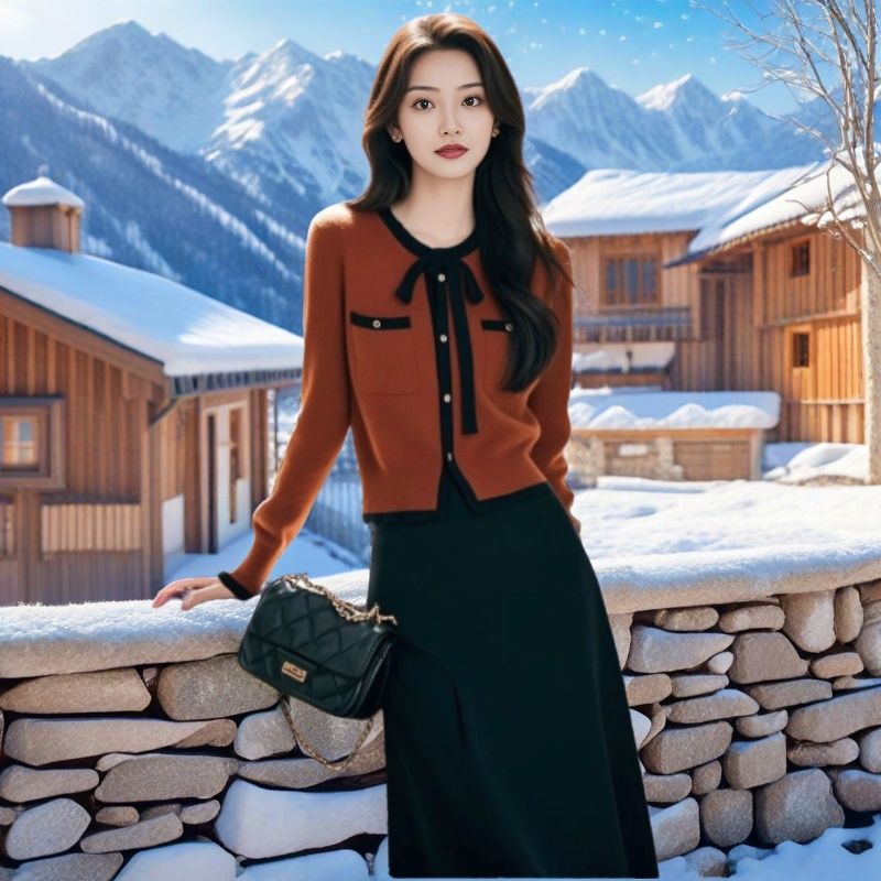 【套装】秋冬韩系别致小香风拼色针织毛衣高腰半身裙 X150+Q179