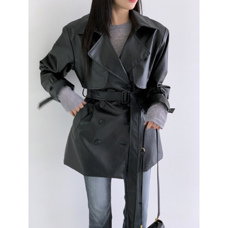 Korean Dongdaemun Vintage Black PU Leather Mid-Length Trench Coat for Women Korean Dongdaemun Vintage Black PU Leather Mid-Length Trench Coat for Women