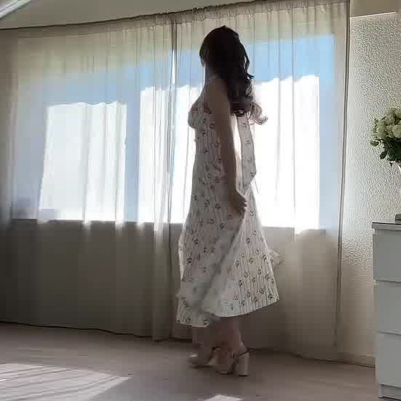 2025年夏新款欧美亚马逊跨境外贸女装法式挂脖收腰印花修身连衣裙|undefined