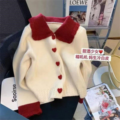フランスの衝突色の子供の襟の短いニットコートの女性2023早春に赤い小さな香りのカーディガンのセーターの女性を厚くする