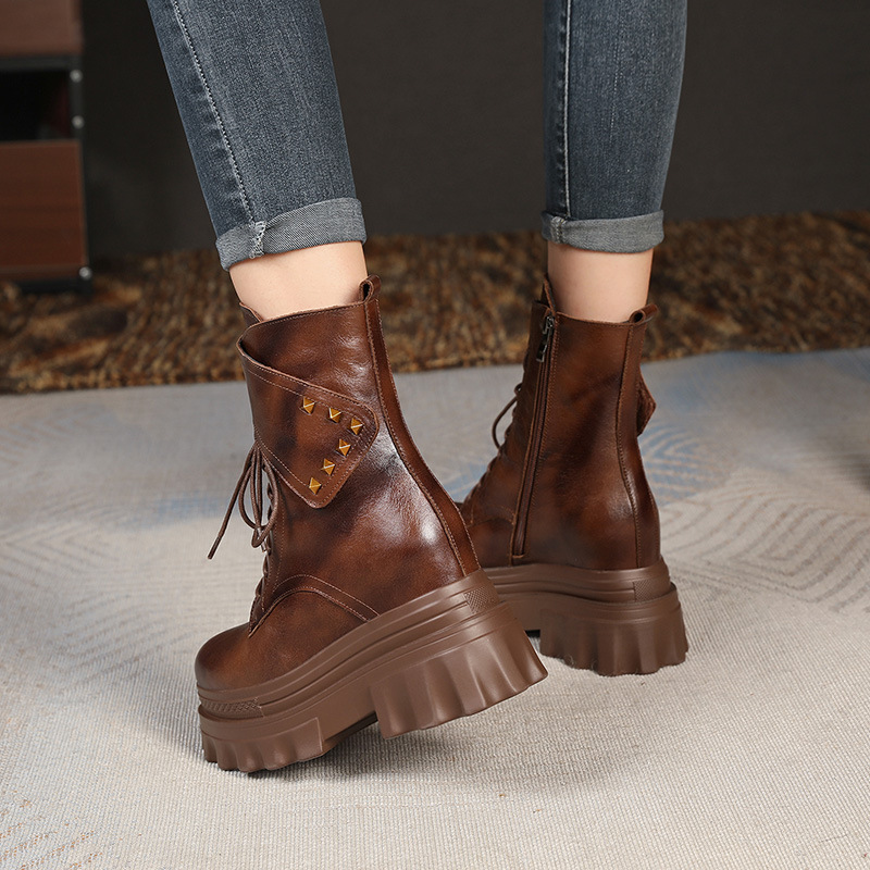 Boot Martin đinh tán cổ cao đế dày độn bên trong gót 10 cm — Màu đen lót nhung