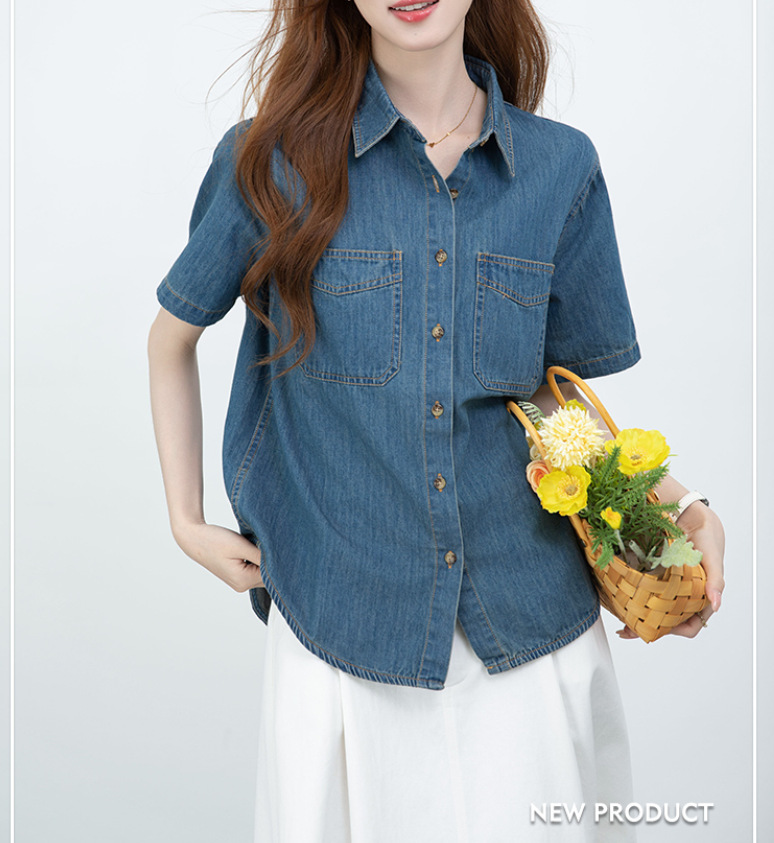 Áo sơ mi denim nữ tay dài phong cách retro rộng rãi — xanh lam chi tiết 1