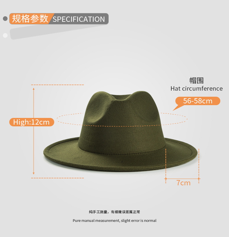 3780g Weight Fedora Hat Hats Type Outdoor Occasion Woolen Material Solid Color Pattern Autumn&Winter Season Unisex Gender Basic Style Army Green, Royal Blue, Navy Blue, Grey, Red, Wine Red, Camel, Black Color Big Eaves Rim Exclusive For Cross-border British Retro Woolen Hat Men 's And Women 's Hats  Light Board Felt Cap Simple Big Brim Fedora Hat Tide 1