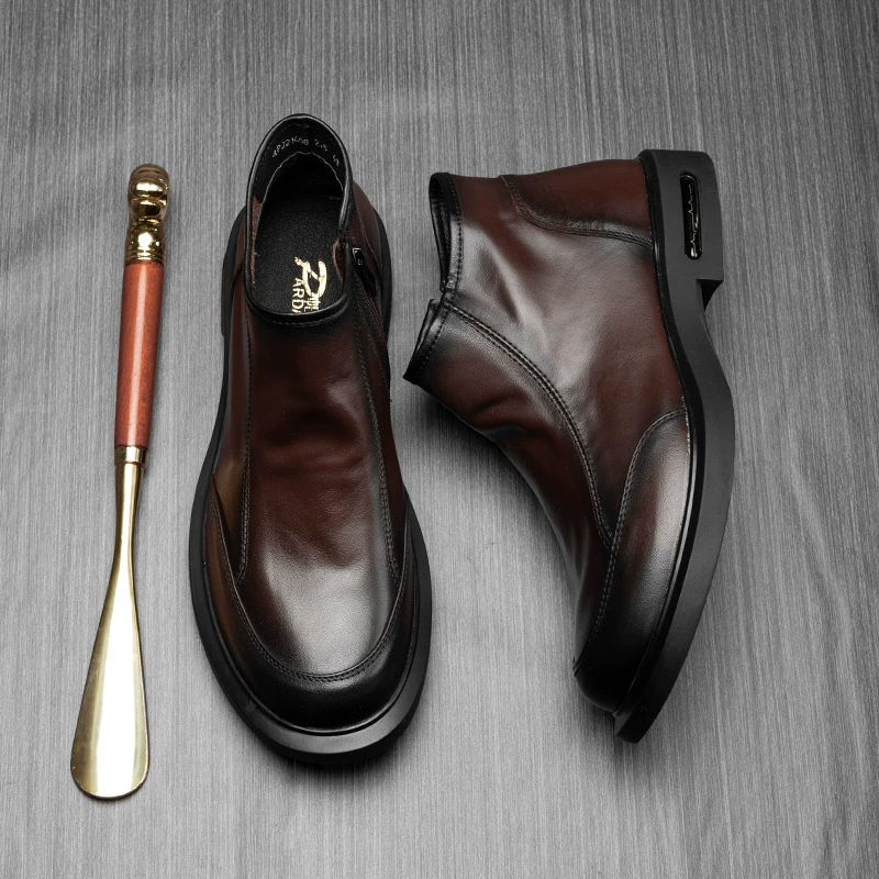 Осенне-зимние ботинки Martins со средним верхом из мягкой воловьей кожи с верхним слоем, мужские короткие ботинки с молнией сбоку, Универсальная кожаная повседневная мужская обувь с высоким верхом