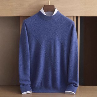 Autumn and winter semi-high collar padded business casual cashmere base sweater jacquard 100 pure cashmere sweater men