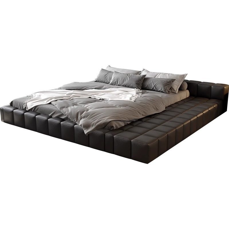 Cama de cuero de tatami minimalista italiana 2 * 2.2m cama queen piso negro atmósfera de alta gama cama de matrimonio doble