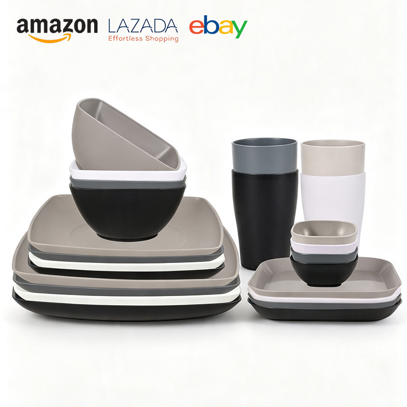 Cross-border wheat straw square bowls, plates, cups 48PCS household steak dinner plates, salad bowls, sauce dishes, tableware set Cross-border wheat straw square bowls, plates, cups 48PCS household steak dinner plates, salad bowls, sauce dishes, tableware set