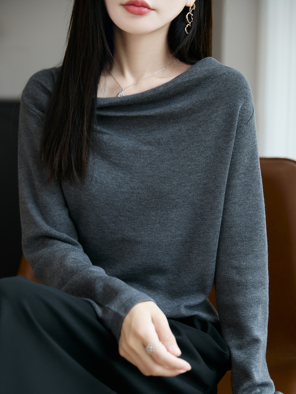 25年早秋蚕丝羊毛一字领针织衫长袖女纯色褶皱套头宽松打底衫上衣|undefined