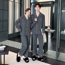 简约格纹秋冬情侣睡衣德绒保暖对襟长袖带口袋休闲开衫家居服套装