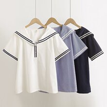 日系森女条纹印花 海军领 半开扣女士套头短袖衬衫批发