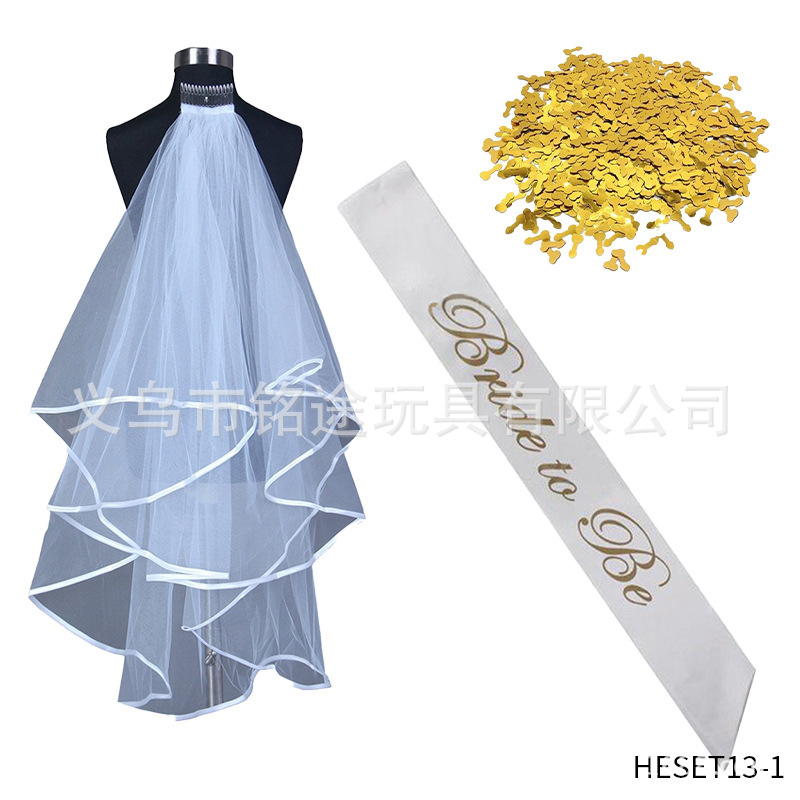 Partido único europeo y americano novia velo novia para ser bronceado correa de hombro etiqueta con traje insignia