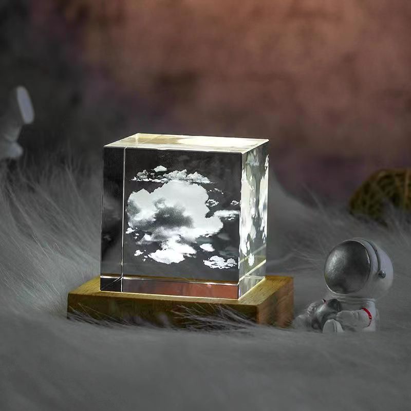 水晶球立方体摆件生日礼物银河星空方体小夜灯木质发光底座情人节 - 13