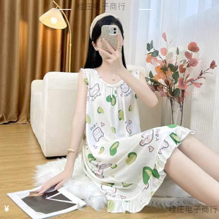 Nightgown for Women, Summer Style, Nightgown for Older Girls, Artificial Cotton Pajamas, New Style, Young People's Sleeves, Ins Sleeveless Cotton Silk, Durable