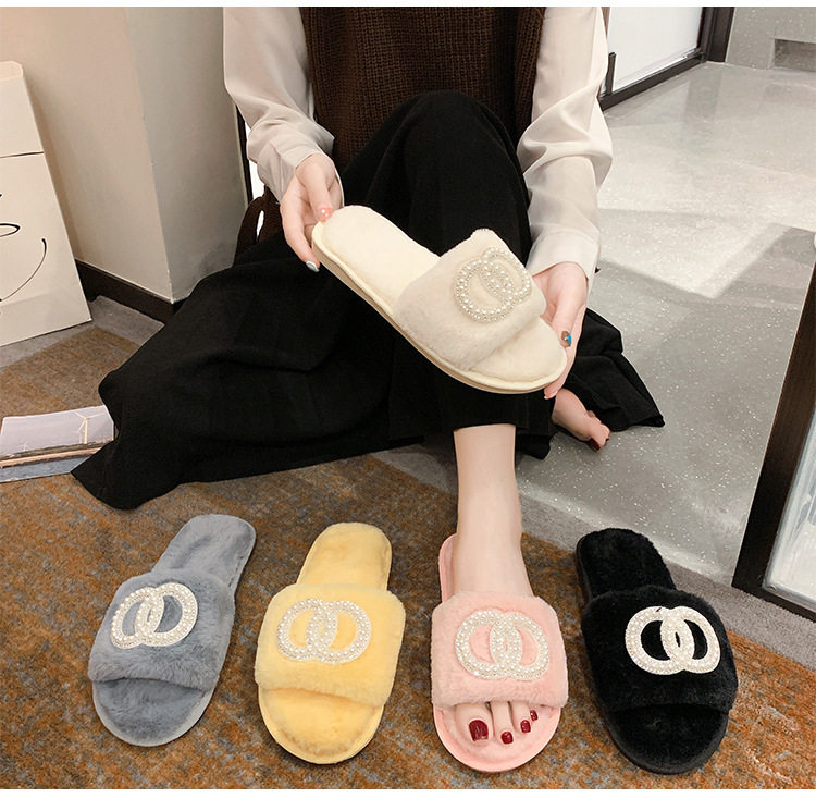 Fellhausschuhe im Feenstil für Damen zum Tragen von Oberbekleidung, neu, für den Innenbereich, weiche Sohle, bequem, einzeilig, offene Zehenpartie, Baumwolle_voghion.com