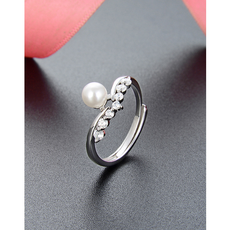 Estilo japonés y coreano Cruz-dulce elegante incrustaciones anillo de perlas hembra S925 plata esterlina de una sola fila diamante perla anillo abierto pulsera