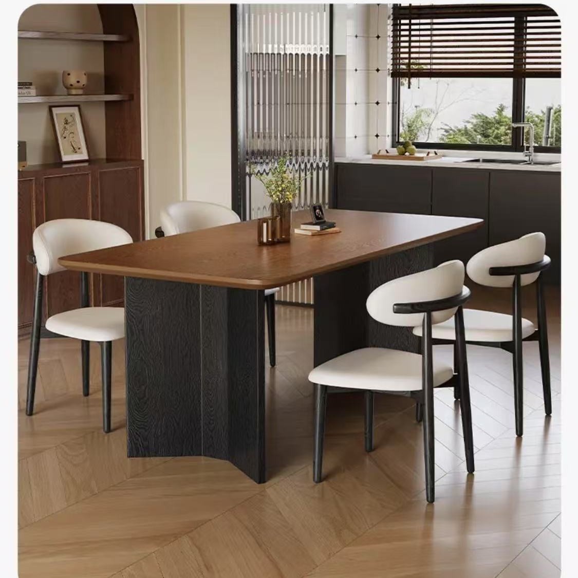 Mesa y silla de comedor de tablero de roca de grano de madera maciza retro, hogar moderno y simple, mesa de comedor de tablero de roca de viento minimalista rectangular de apartamento pequeño
