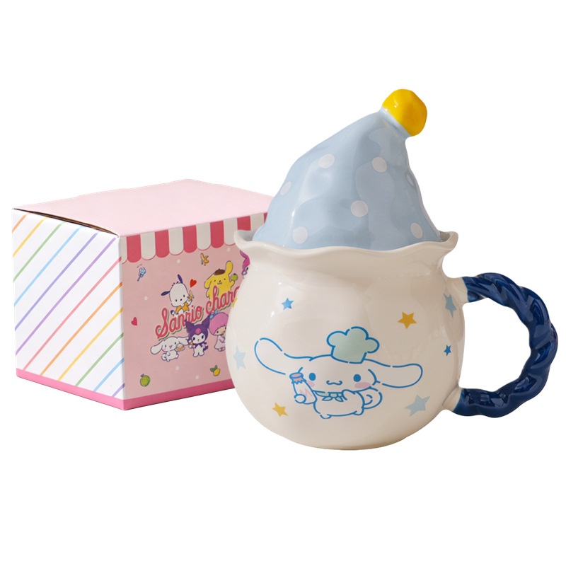 Auténtico Sanrio taza de marca lindo perro de orejas grandes gato Kulomi dibujos animados KT tapa de pastel taza de cerámica taza de café