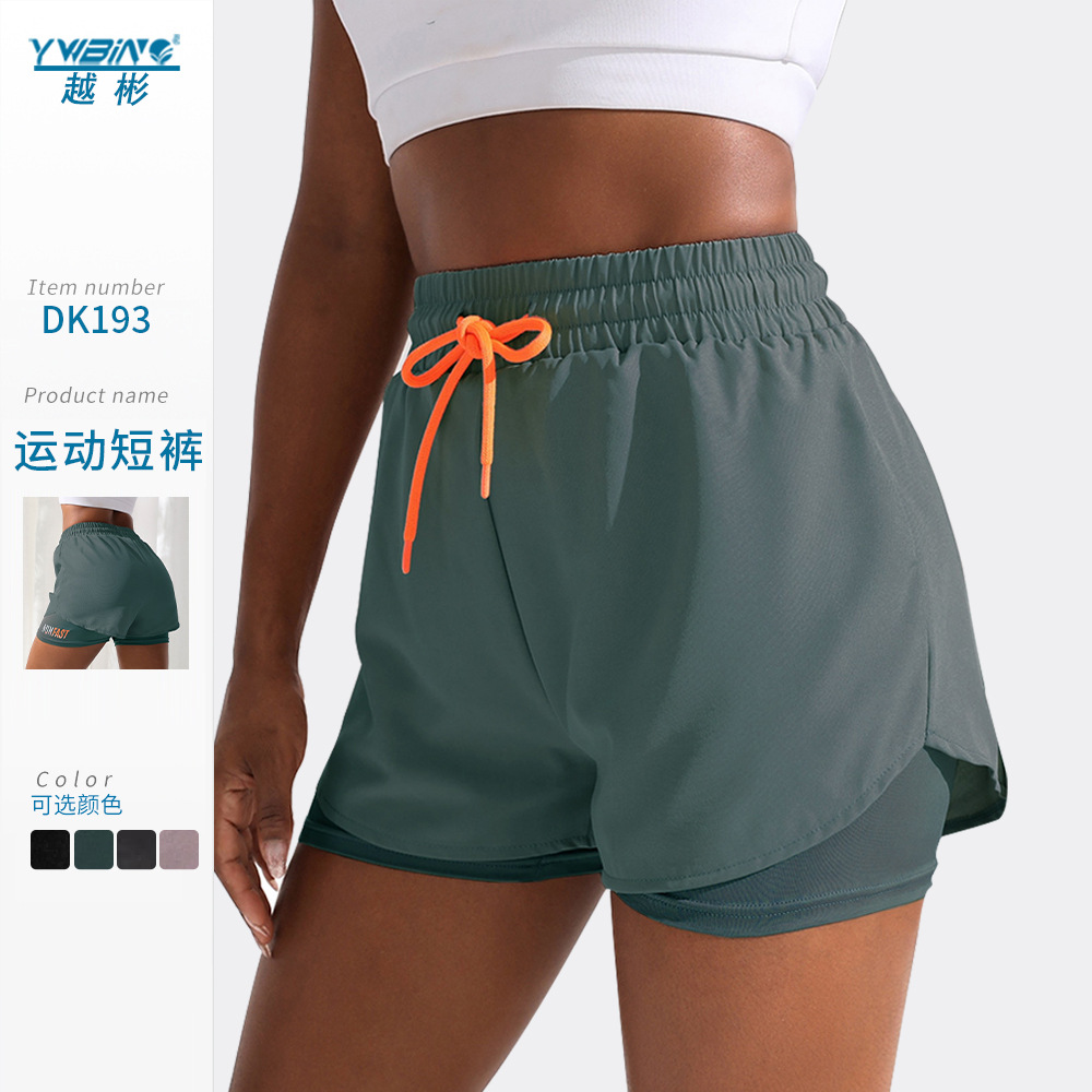 Pantalones cortos con cordón de color de contraste falsos de dos piezas pantalones cortos de tres letras deportivos casuales transpirables anti-exposición de las mujeres pantalones de yoga fitness