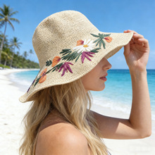 纯手工刺绣花朵编织草帽女夏季出游显脸小遮阳防晒帽绣花朵草帽子