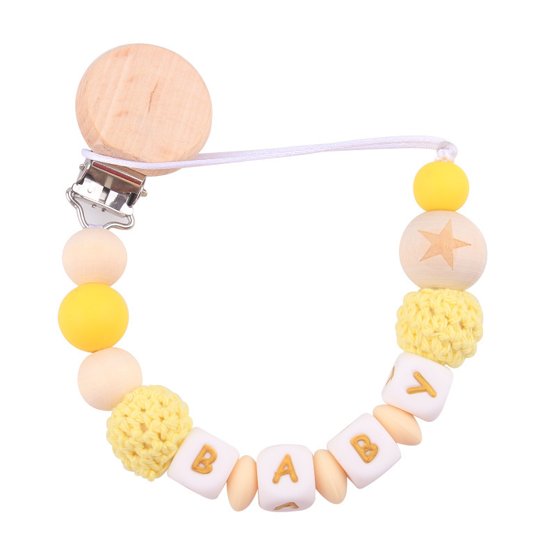 Productos para bebés abrazadera de tetina plana redonda de beech letras de silicona nombre de bebé DIY calmar tetina cadena de prevención de caída cadena