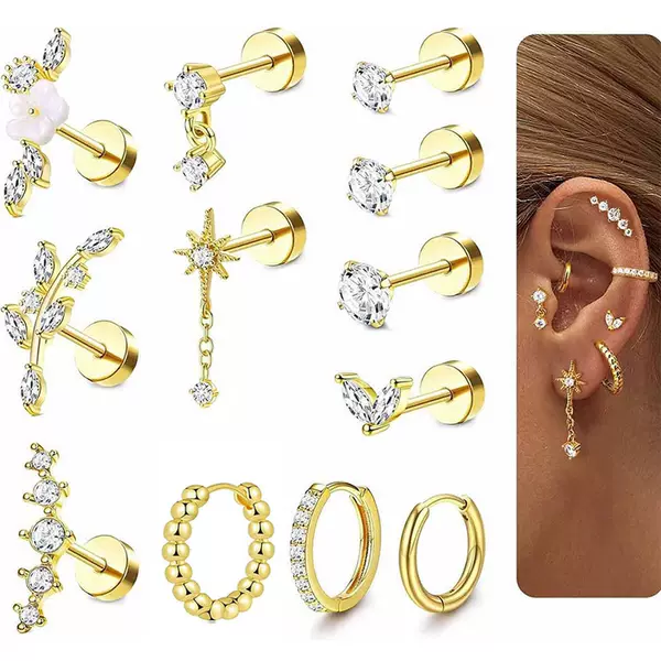 Amazon Cross-Border 12-Piece Set Gold Stainless Steel Earrings Round Cake Barbell Earrings Set with Diamonds 4-Claw Zircon Coils