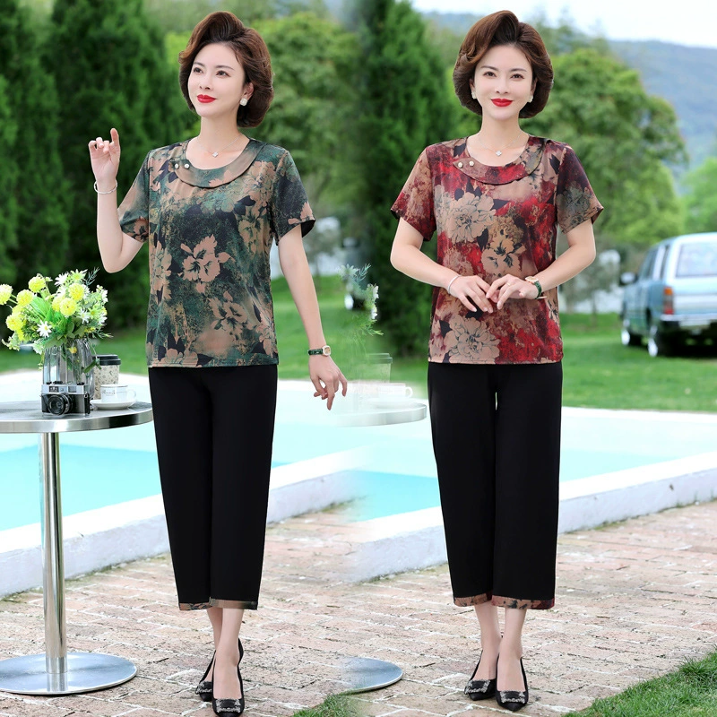 Летний костюм для новоиспеченной мамы 2025 года, модный топ-двойка, летняя футболка с коротким рукавом для женщин среднего и пожилого возраста