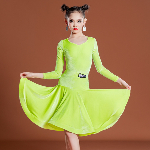 Girls yellow dark green purple velvet Latin Dance Dresses long sleeves Latin dance professional uniform full-skirted dress suit  regulation costumes of the girls