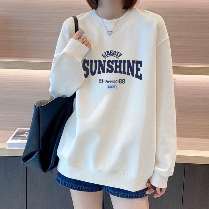 White Round Neck Sweatshirt for Women 2025 Spring New Style Age-Reducing Top Fleece-Lined Thickeneded Long-Sleeved Jacket