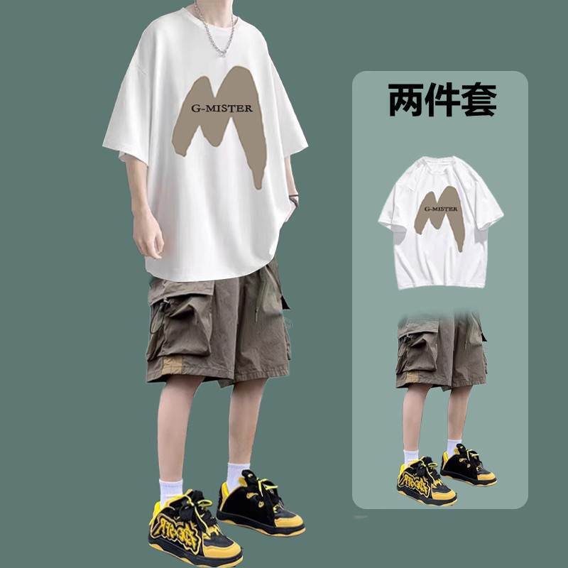 Summer short sleeve casual suit student trend loose T-shirt with handsome work shorts boyfriend style set