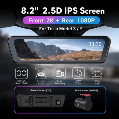 Suitable for Tesla Model 3 Interior Rearview Mirror Model Y Front and Rear Dual-Stream Streaming Media Rearview Mirror S82