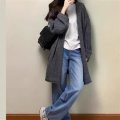 灰色中长款连帽毛衣外套女秋冬季韩系气质宽松慵懒松弛感针织开衫